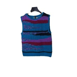Concepts Hand Knit Sweater Vest Blue Purple Magenta Striped Chunky Knit Womens